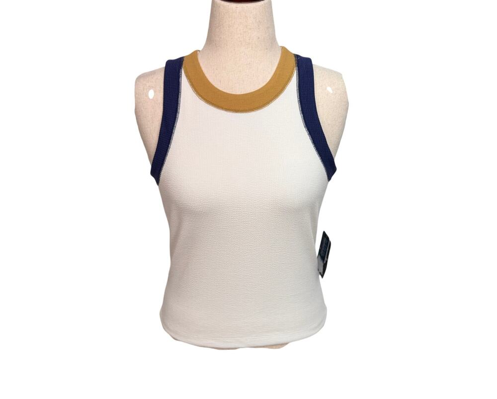 Kuhl UPF 50+ racerback tank top white with yellow & blue trim stretch NWT Sz M